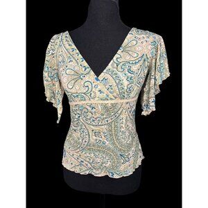 Express Print Ruffle Sleeve V-Neck Blouse Women M Paisley Blue/Beige y2k 2000s